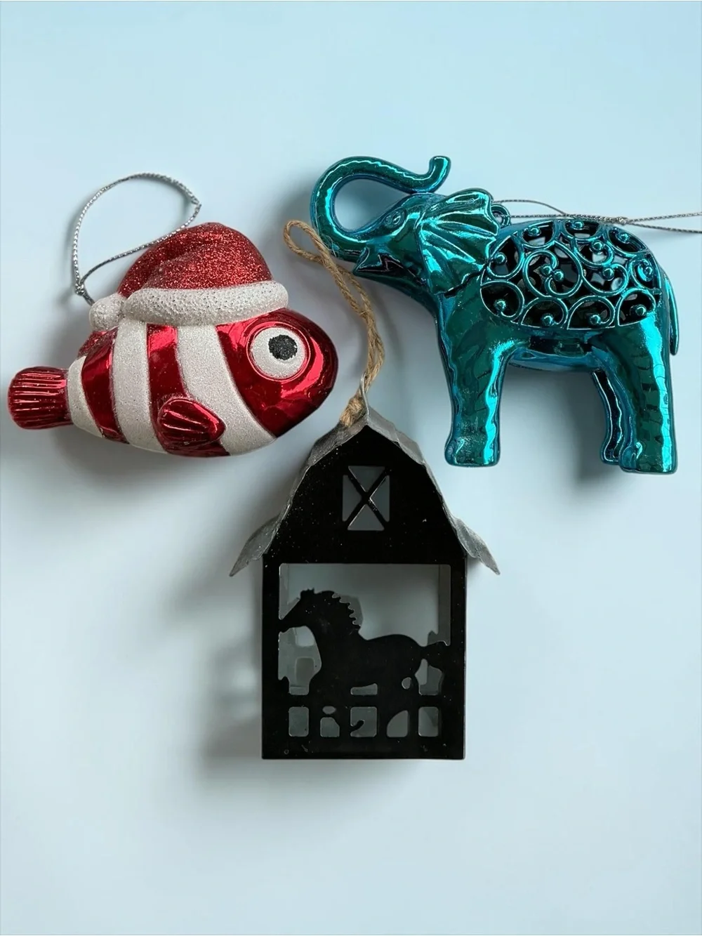 Vintage Christmas Ornaments Glass Fish, Elephant & Horse Barn
